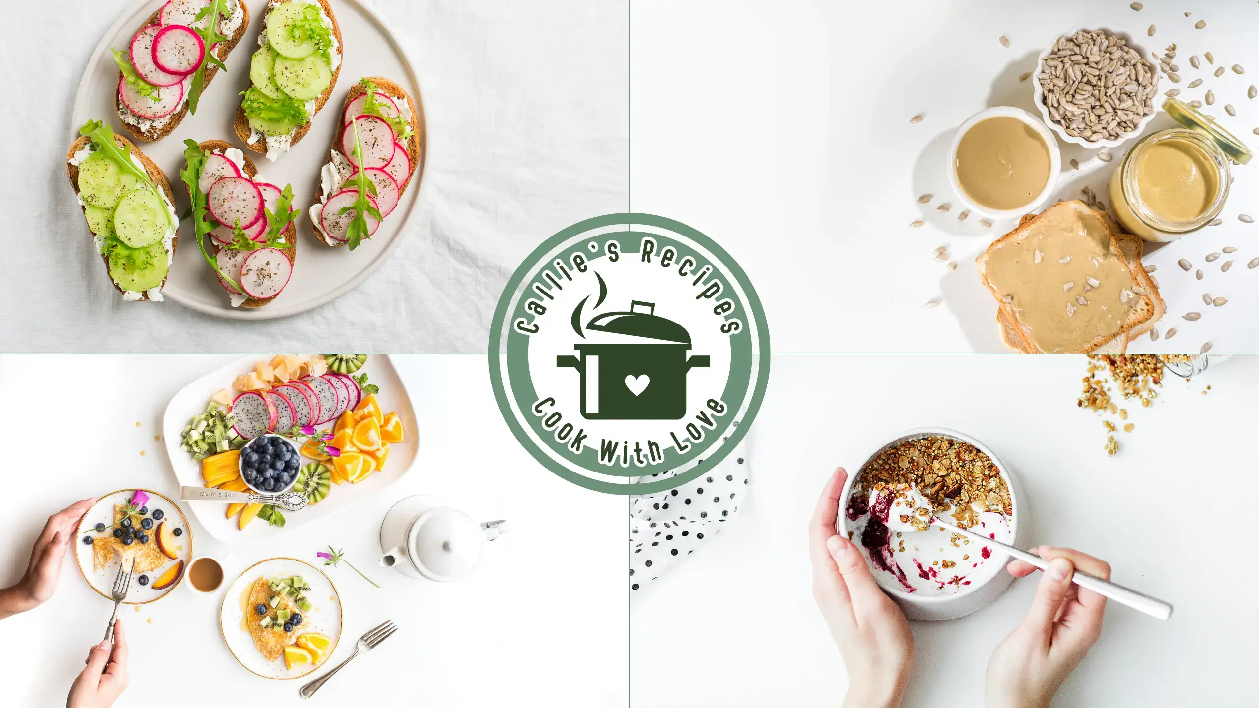 Home page collage featuring four delicious recipes with the Callie’s Recipes logo in the center — a warm welcome to home cooking