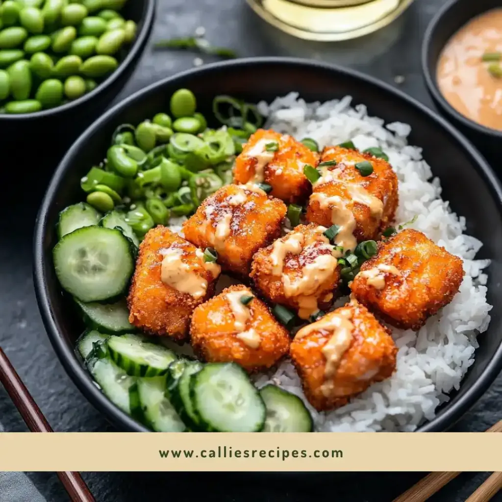 Crispy bang bang salmon bites in a black bowl with rice, cucumber salad, and edamame sides on a dark stone surface