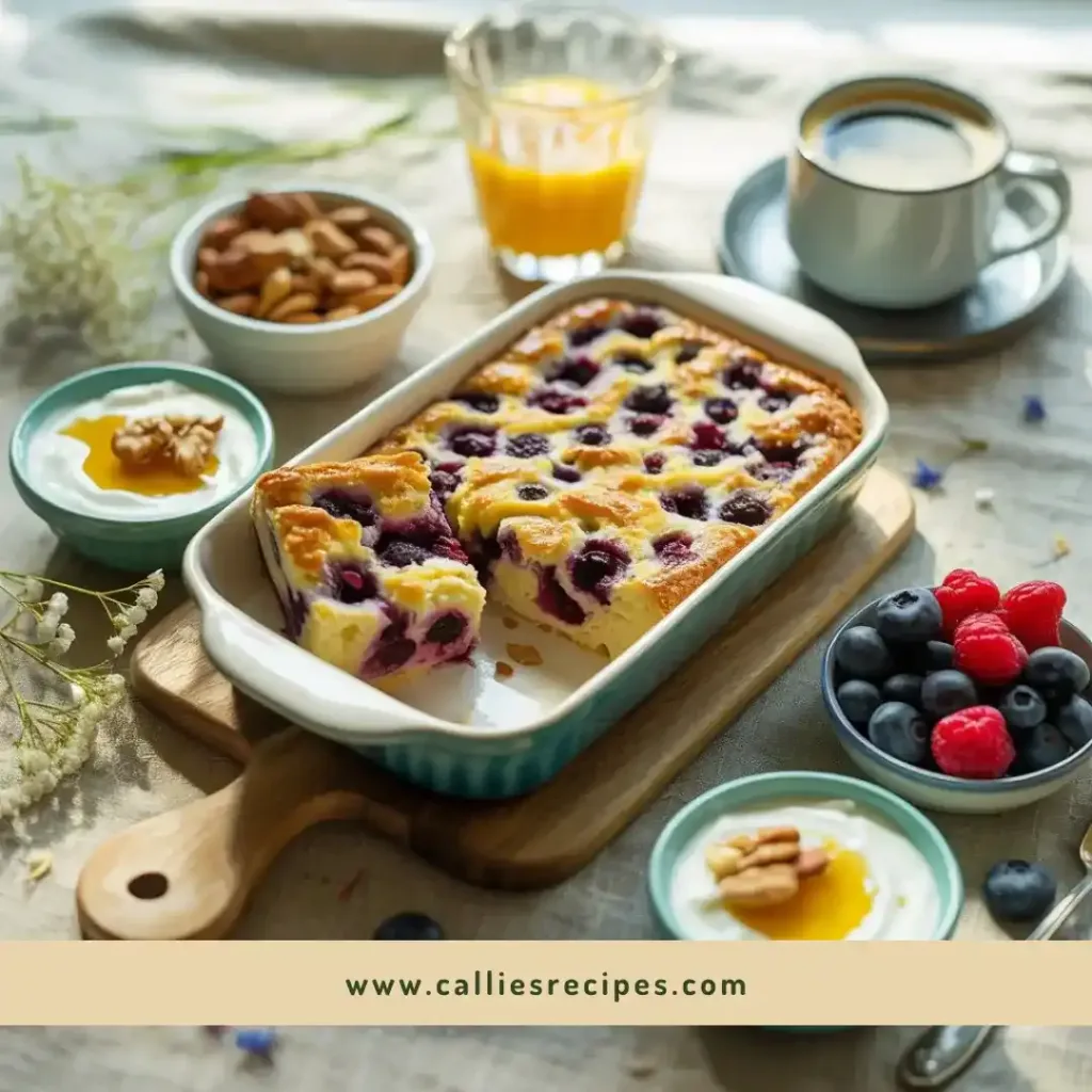 Breakfast spread with blueberry cottage cheese breakfast bake, yogurt, honey, and fresh fruit
