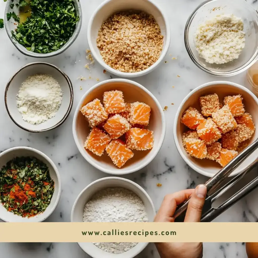 Overhead view of bowls showing the flour, egg, and panko breading process for salmon bites