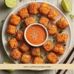 Crispy Bang Bang Salmon Bites arranged on a white platter with bang bang sauce, garnished with green onions and sesame seeds