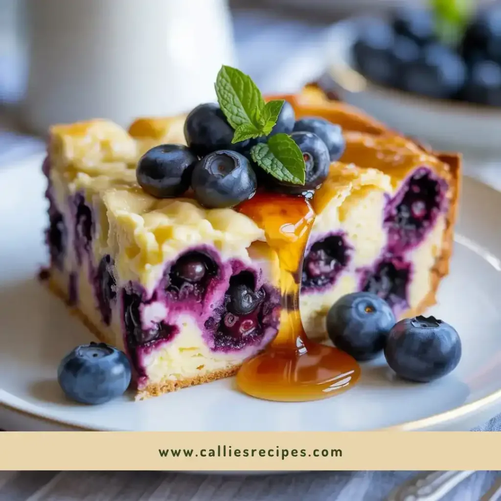 Slice of blueberry cottage cheese breakfast bake with maple syrup and fresh berries on a white plate