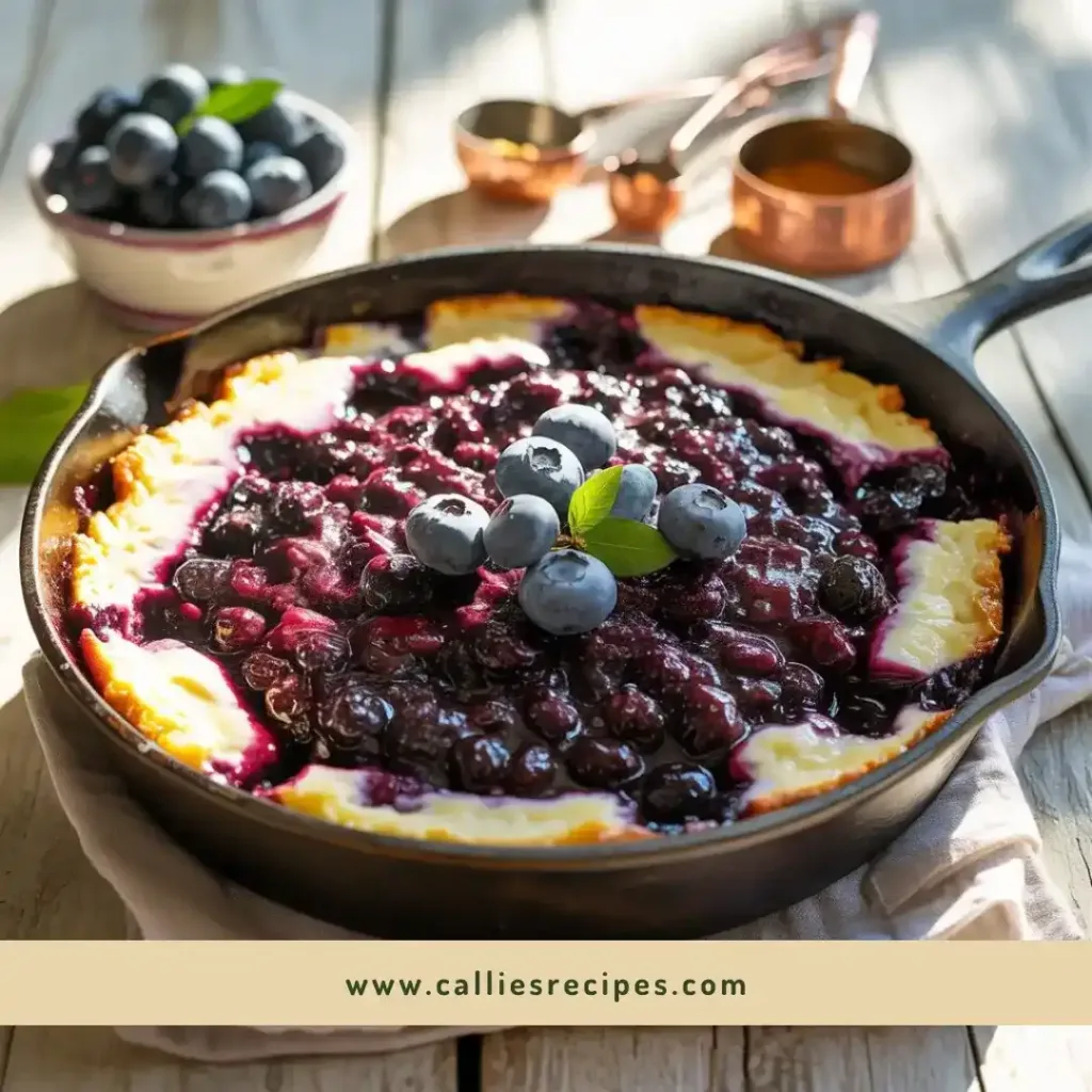 Overhead view of blueberry mixture being spread onto batter layer in a cast iron skillet