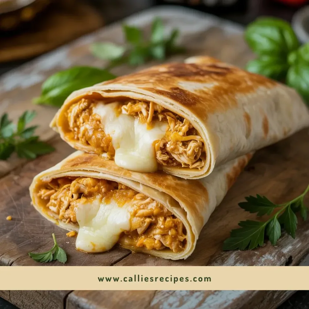 Golden-brown cheesy garlic chicken wraps cut in half showing melted cheese and chicken filling on wooden board