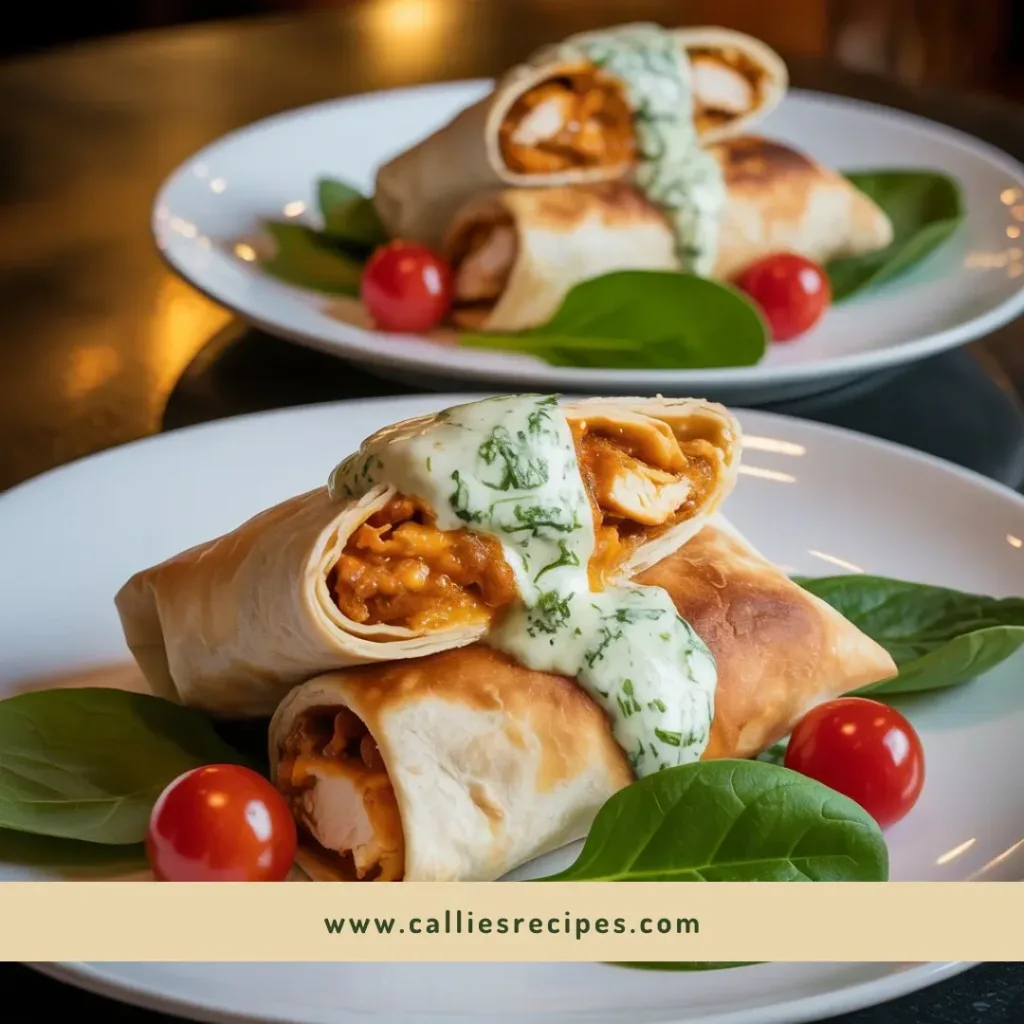 Two cheesy garlic chicken wraps plated with garnish and dipping sauce, surrounded by fresh ingredients like chicken and cheese