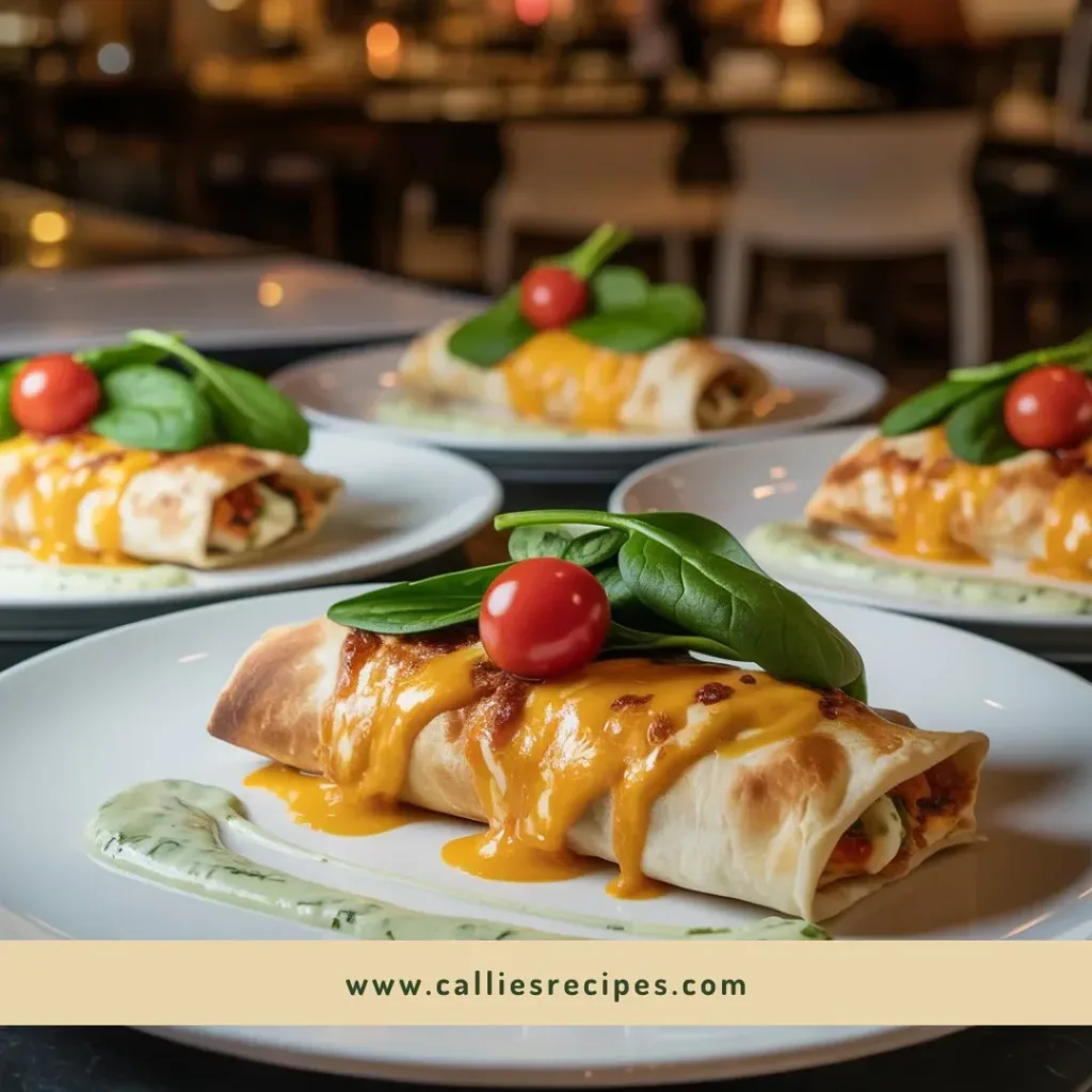 Elegantly plated cheesy garlic chicken wraps with herb sauce drizzle and fresh vegetable garnish on white plate
